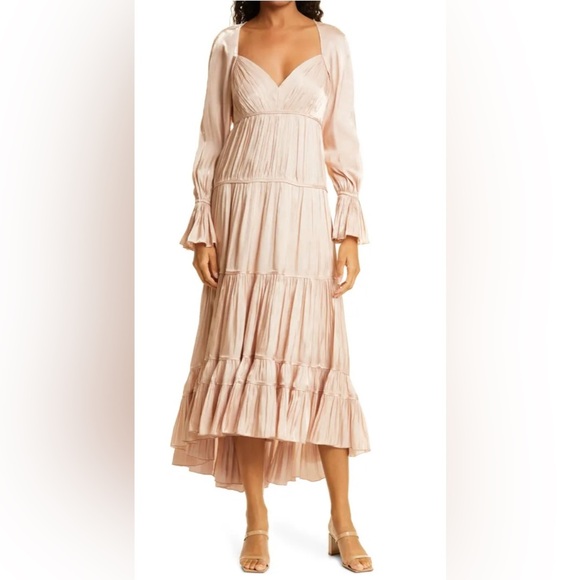 NWT CINQ À SEPT Nina Satin Tiered Long Sleeve Maxi Dress, Size 4 - Picture 3 of 9